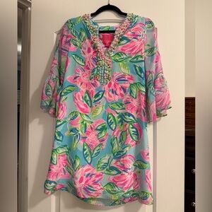 Lilly Pulitzer Elenora Silk dress-Beaded V-Neck Shift Dress